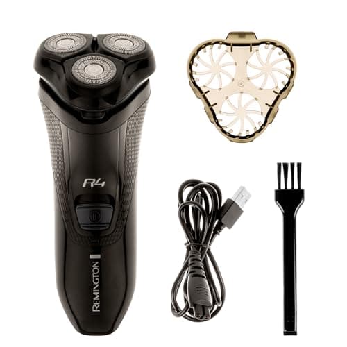 Image of Remington Mens Electric Rotary Shaver R4 (Dual Track Blades, Flexing Blades and pivoting Neck, 40mins Usage, Pop-up Trimmer, 3-Day Stubble Styler Guard, Cordless, Cleaning Brush) R4002