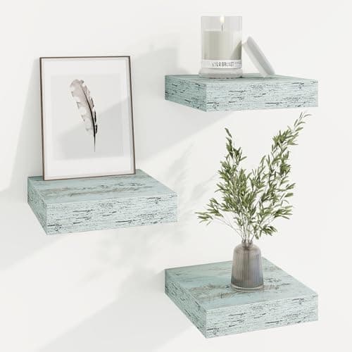 Image of Square Floating Shelves for Wall, 8"W x 8"D x 1.25"H, 3 Packs Small Wall Mounted Engineered Wood Shelves with Invisible Brackets for Living Room, Bedroom, Bathroom, Kitchen Decor, Washed blue