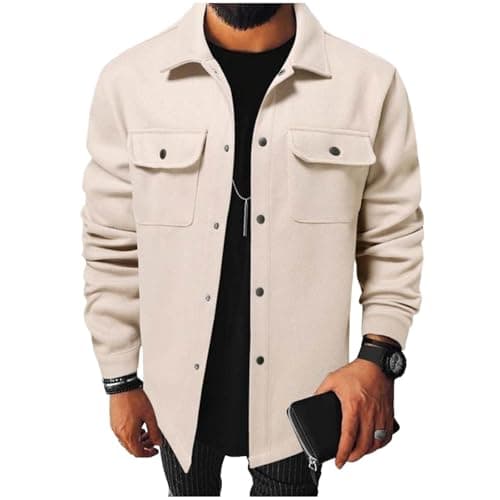Image of Men's Shirts Button Down Long Sleeve Shacket Flap Chest Pockets Utility Soft Warm Overcoat Stylish Regular Fit Plain Autumn Winter Casual Outdoor Shirts