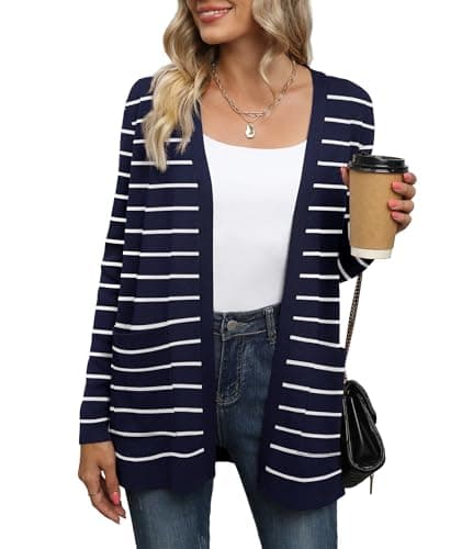 Image of Yommay Cardigan for Women Loose Casual Lightweight Ladies Long Sleeve V-Neck Knitted Sweaters with Pockets,Navy Blue White Stripe,Small