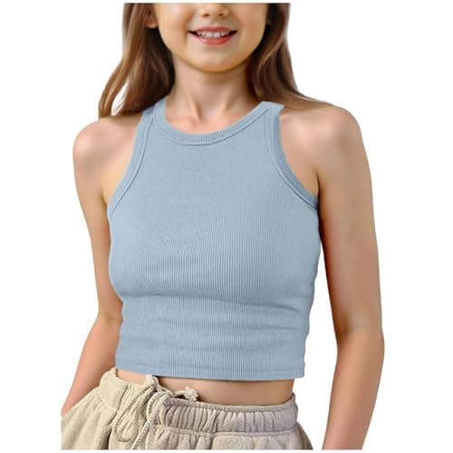 Image of Girls Vests Ribbed Crop Kids Top Ribbed Knit Sleeveless Round Neck Sleeveless Basic Cropped Top Plain Stretchy Sports Vest Breathable Tanks Girls Undershirts Summer Children (b-Sky Blue, 9-10 Years)