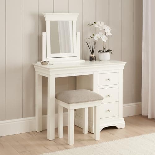 Image of The Furniture Market Wilmslow White Single Pedestal Dressing Table Set with Mirror & Stool - Versatile Vanity or Writing Desk, Brushed Metal Handles, Bedroom Storage - H 810mm x W 1065mm x D 445mm