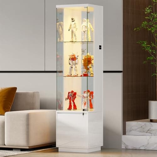 Image of Gurexl 65" Tall Display Cabinets with Lockable Glass Doors,Glass Bookcase Bookshelf with Lights and 3 Tier, Modern High Gloss Cupboard with Human Sensor for Living Room Bedroom,Collection,White