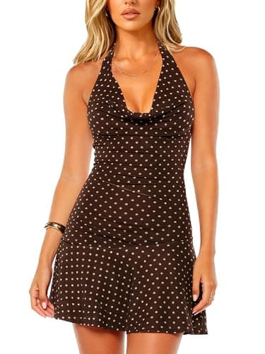 Image of Navneet Women Halter Neck Mini Dress Polka Dot Bodycon Dress Sexy Going Out Dresses Party Clubbing Outfits Beach Holidays Brown M