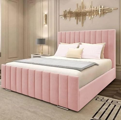 Image of MOORCROFT BEDS 4FT Small Double Luxury Upholstered Bed Frame Only With 48" Headboard In Plush Velvet Pink Bed Wooden Slats – No Mattress - No Storage (Pink Plush, 4FT Small Double Bed Frame)