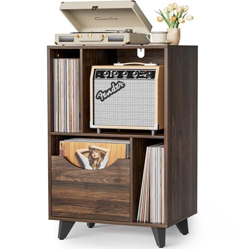 Image of Bikoney Record Player Stand with Vinyl Storage Drawer, Wooden Turntable Side Table Fits All Record Players and Speakers, Large Vinyl Record Storage Cabinet for Living Room, Bedroom, Office