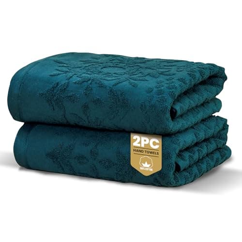 Image of Rapport Home 2-Pack Versailles Jacquard Hand Towels | 50x85cm 100% Cotton 500GSM | Absorbent & Soft Bathroom Towel Set | Oeko-Tex Certified Lagoon