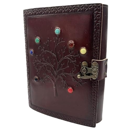 Image of Handmade Leather Grimoire Journal – Spell Book of Shadows for Witchcraft, Wicca, Witch Diary & Notebook – Vintage Blank Journal for Spells and Ritual Notes , 17 x 12 cm (Dark Brown Tree with Stones)