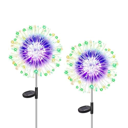 Image of Dekofun Garden Solar Lights 2 Pack 120 LED Firework Solar Lights Outdoor Garden, 8 Modes Starburst Light Waterproof Dandelion Light for Pathway Patio Lawn Backyard Decorations - Multicolor