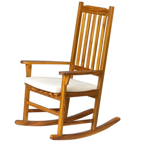 Image of Panana Acacia Wood Rocking Chair Outdoor Porch Rocker with Cushion Wooden Armchair for Patio, Garden, Balcony, Backyard, Living Room