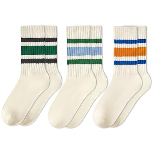 Image of American Trends Retro Striped Crew Socks for Women Slouchy Athletic Calf Tube Socks Running Golf Tennis Volleyball Etc, 3pack Black-green&blue-green&blue-orange, One size