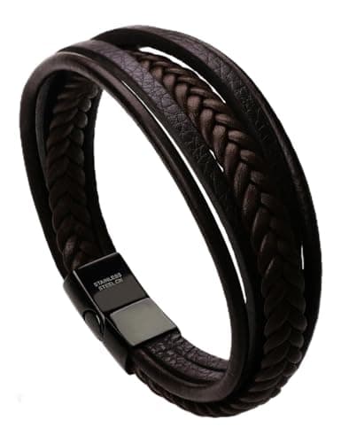 Image of murtoo Bracelet for Man Cowhide Genuine Leather Women Unisex Cuff Wrap Bracelet Brown Black Multi-Layer Magnetic Clasp Rope Wristband (Brown, 8.7'')