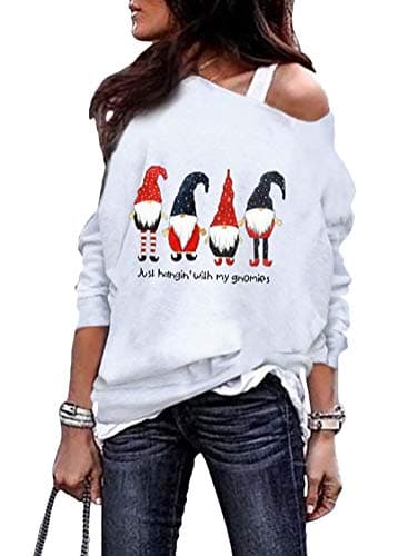 Image of Onsoyours Women Casual Long Sleeve Tops Cold Shoulder Santa Claus Printed Oversized Baggy T-Shirt Fashion Christmas Sweatshirts Xmas Blouses Jumper Pullover Tunic C White 4XL