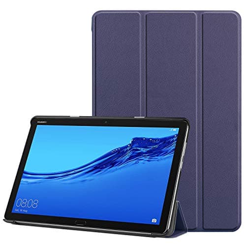 Image of 3-Folding Leather Case for Huawei MediaPad T5, 10-inch Folio PU Ultra Slim Fit Protective Auto Sleep/Wake Magnetic Flip Tablet Cover for Media Pad T5 10.1 2018 with Kickstand (Dark Blue)