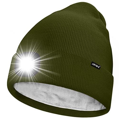 Image of ATNKE LED Lighted Beanie Hat,USB Rechargeable 4 LED Running Headlamp Ultra Bright Cap with Light Hands Free Head Torch Winter Warm Lined Fleece Knit Beany Gifts for Men and Women/Army Green