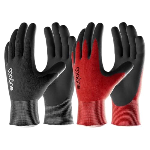 Image of COOLJOB Work Gloves, 2 Pairs Gardening Gloves for Men, Breathable Rubber Coated Work, Working Large Size Fits Most, Black & Red (L)