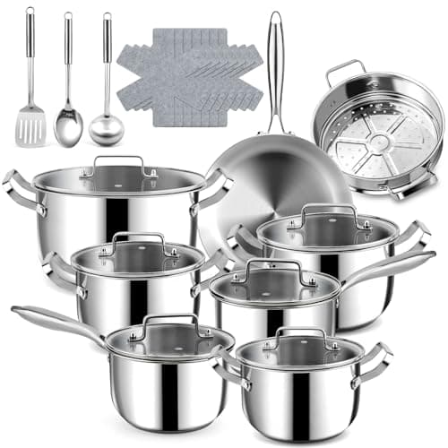 Image of Fruikit 24P Stainless Steel Pots and Pans Set - 3 Ply 30 cm Frying pan- 18/20 cm Saucepans & 18/20/22/26 cm Casserole with Steamer - Suitable for All Hob Types