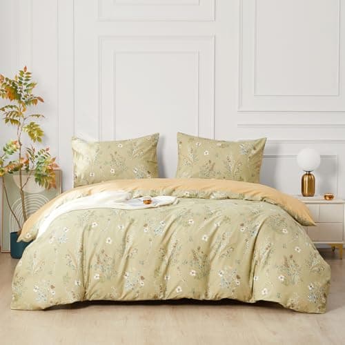 Image of SAPHREAS Green Floral Duvet Cover Set 100% Cotton Super King Size 3 Pieces Bedding Comforter Botanical Duvet Cover Set 1 Duvet Cover 2 Pillow Shams(No Comforter)