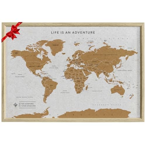 Image of Splosh Travel Map - Desk World Map Pin Board in White Wooden Frame World Map Cork Board with 100 Pins in 2 Colours to Mark Your Past and Future Adventures Framed World Maps for Desks.