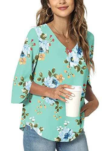 Image of TAOHUADAO Womens Casual V-Neck Loose Tunic Top for Leggings 3/4 Sleeve Chiffon Blouse Shirt Tops Medium, Mint Green