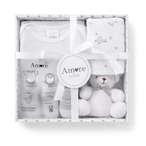 Image of Newborn Baby Gift Set – 4 Piece White Unisex Baby Gift Box with Bodysuit, Bib, Socks & Soft Toy – Newborn Essentials for Baby Shower Gifts, Gener Reveal Gifts, New Baby Gift Hamper (White 0-3 Months)