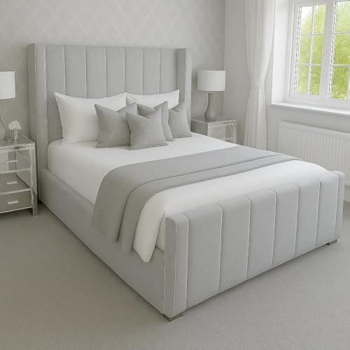 Image of Attock Beds Plush Velvet Wing Panel Bed Frame with Optional Mattress & Ottoman Gas Lift Storage – Luxury Handmade Bed (Silver Plush, Double 4ft6 Bed Frame)
