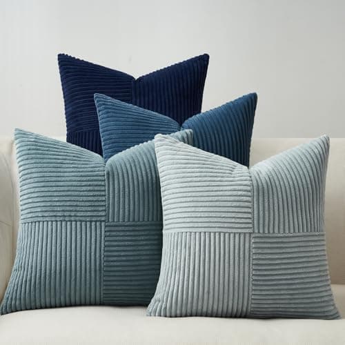 Image of Topfinel Blue Cushion Covers 50cm x 50cm Soft Decorative Square Sofa Throw Pillow Covers Striped Soft Corduroy Pillowcase 4 Pack for living Room Bedroom Home Decor 20x20 Inches