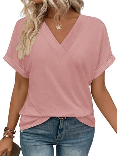 Image of Cuptacc Women Tops V Neck Short Sleeve T-Shirts Solid Color Ladies Summer Tops Fashion Dressy Tunic Pink, Medium M 12-14