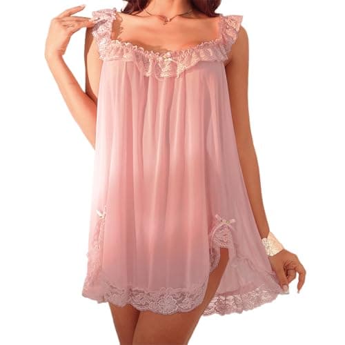 Image of SYHXBWZ Women's 2 Piece Mesh Sheer Babydoll Slip Lingerie Dress Set Sexy Floral Lace Chemise Nightgown and Thong Lingerie Set (Pink, M)
