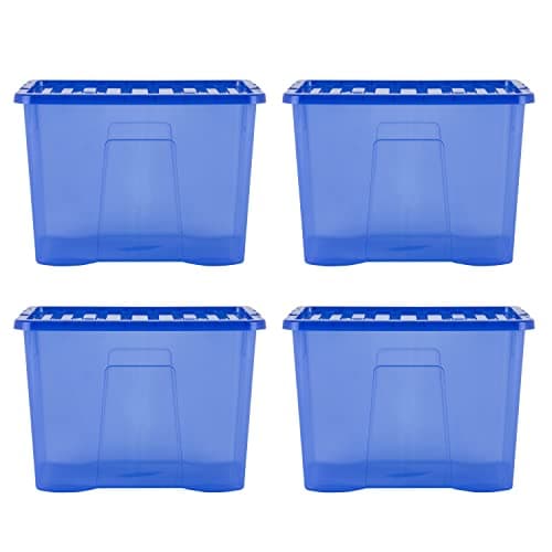 Image of Wham Crystal 4 x 80L Stackable Plastic Storage Boxes with Lids | Ideal for Home, Office, Toys & More | Large Boxes | Made in UK - Spectrum Blue
