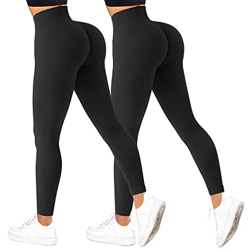 Image of 2 Piece Ribbed High Waisted Leggings for Women Seamless Tummy Control Gym Workout Yoga Pants Running Compression Leggins Black