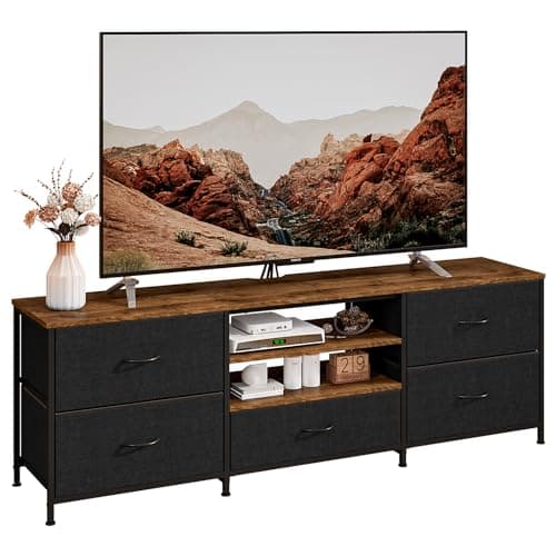 Image of Forthcan TV Stand Cabinet, TV Unit TV Console Table with 5 Drawers Storage Organizers, Entertainment Center with Open Shelf for Living Room, Bedroom (Black)