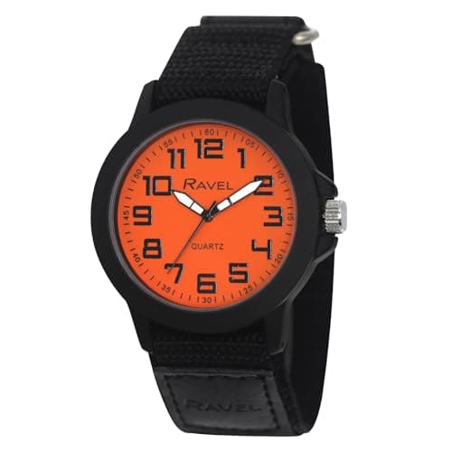 Image of Ravel - Men's Modern Workwear Watch with Easy-Fasten Strap - Black/Orange Dial