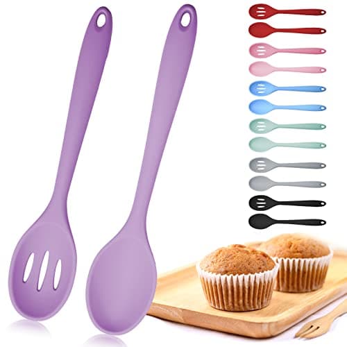 Image of Mixing Spoons, Silicone Slotted Spoon, Silicone Spoons for Cooking, Serving Spoons for Mixing, Serving, Draining, Stirring, Dishwasher Safe, Heat-Resistant, Non Stick (Purple)