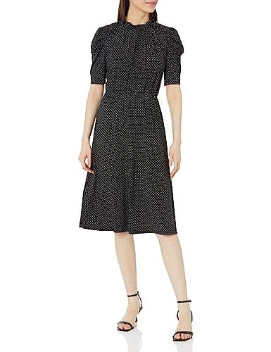 Image of Adrianna Papell Women's Ruffle Neck Short Sleeve Dress, Black/Ivory Outline Dot, S