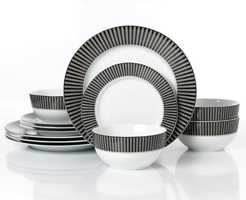 Image of Waterside 12pc Black & Grey Stripe Porcelain Dinner Set; 4 Dinner Plates, Side Plates & Deep Bowls - Dishwasher & Microwave Safe