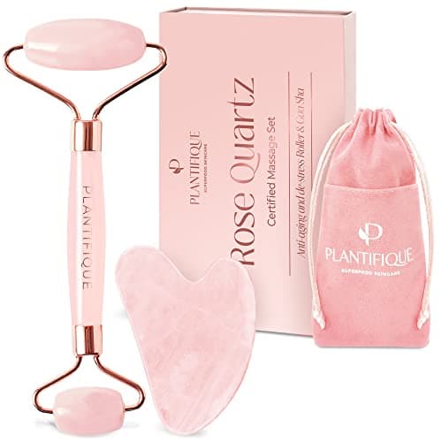 Image of Plantifique Rose Quartz Roller & Gua Sha Set – Face Massager & Skincare Tool for Anti-Aging – Gift for Women & Men, Natural Facial Care & Beauty