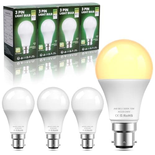 Image of BrightArk 3 Pin BC3 Light Bulbs,Non Dimmable,10W Energy Saving LED Bulb,75W Equivalent,240v 6500k Cool White A60 LED Bulbs for Ceiling Light,Landing Light,Hallway Light,Pack of 4