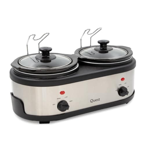 Image of Quest 2 Pot Double Slow Cooker / 2 x 1.5 Litre Ceramic Pots / 3 Heat Settings Including Food Warmer Function/Dishwasher Safe Bowls / 200W Power (16529)