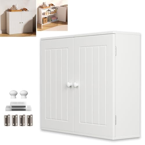 Image of Kitchen Storage Cabinet 3 Hole Height Design and 2 Placement Methods Bathroom Wall Cabinet Modern Widened Design Large Capacity Hanging Cupboards with Double Door and Adjustable Shelf White 60x15x50cm