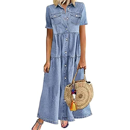 Image of Womens Summer Short Sleeve Button Down Long Denim Dress Casual Loose Fit Maxi Shirt Dress with Pockets(UK 12/Tag L) Light Blue