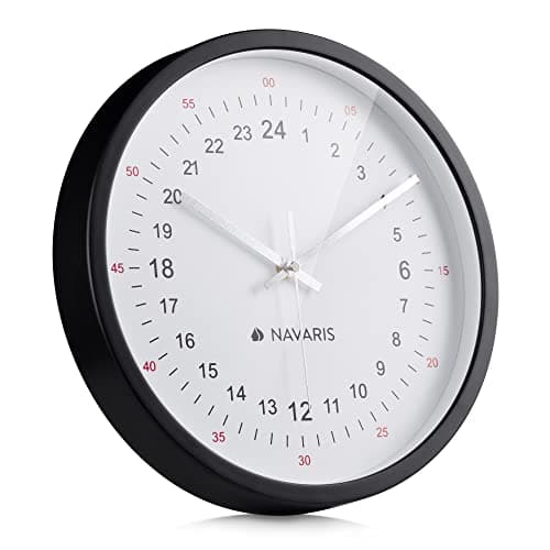 Image of Navaris 24 Hour Analogue Wall Clock - 24 Hour Unusual Quirky Wall Clock with 24hr Analogue Display and Smooth Movement - Black with White Face