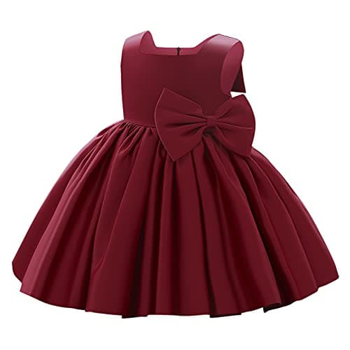 Image of Baby Girls Little Girls Bowknot Tutu Princess Prom Dress Formal Ball Gown Birthday Wedding Party Christening Baptism Dresses Wine Red 6-12 Months