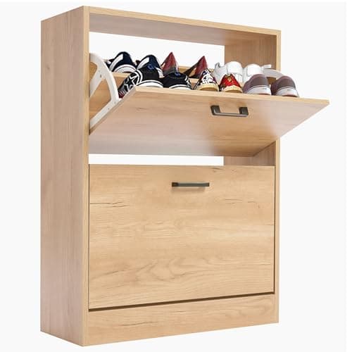Image of Blisswood 2 Drawer Shoe Cabinet, Space Saving Shoe Storage Organiser Cupboard Unit, 2 Tier Shoes Rack Cabinet Footwear Stand For Hallway Living Room Furniture (Pine)