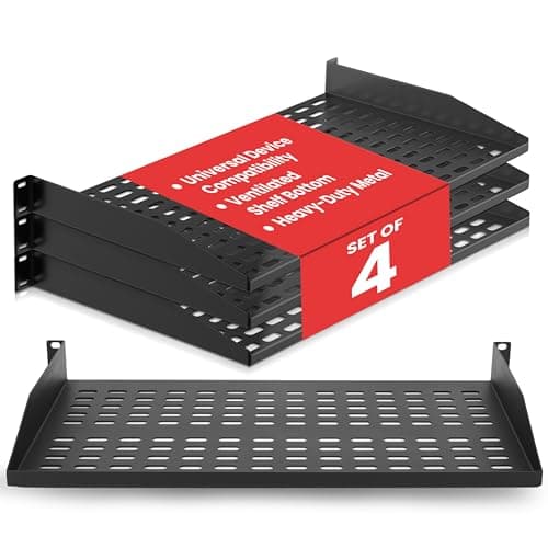 Image of Pyle 1U Rack Mount Shelf 48cm, 4-Pack Vented Metal Shelves, Fits AV, Network, Small Server, Holds 50kg, For Cabinets, Wall, Computers and Network Equipment