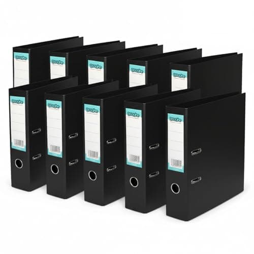 Image of Booghe A4 Lever Arch File with Protector – Single, 4 or 10 Pack – Black, Red, Blue, Green, Turquoise, Fuchsia – Heavy Duty Office Filing & School Binders (10, Black)