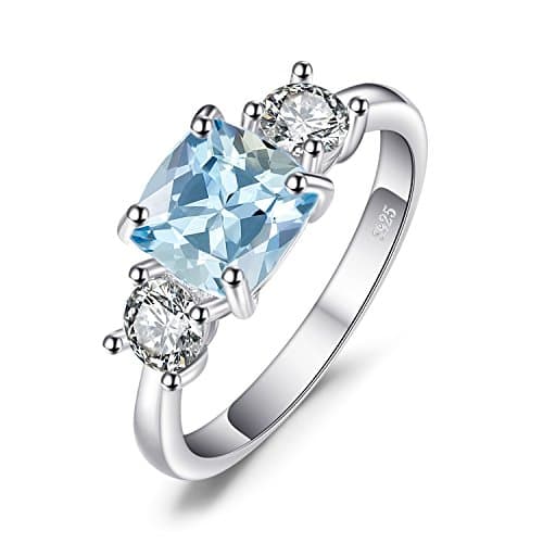 Image of JewelryPalace Cushion Cut 2.6ct Genuine Blue Topaz 3 stones Rings for Her, 14K White Gold 925 Sterling Silver Promise Ring for Women, Natural Gemstone Jewellery Sets Rings Size 5