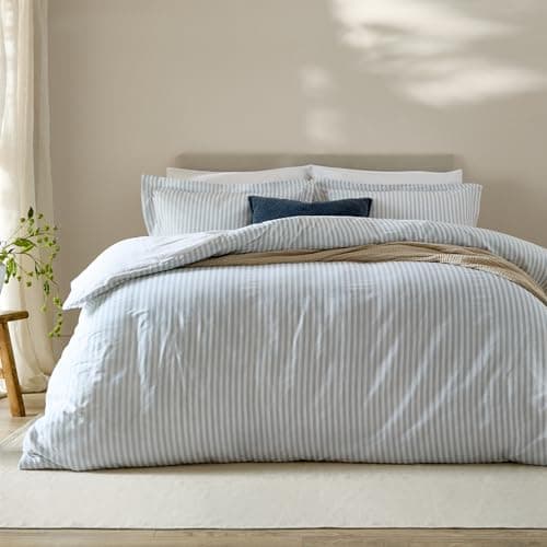 Image of furn. Yard Hebden 100% Cotton Stripe Duvet Cover Set – Reversible Striped Bedding (Mineral Blue, Single)
