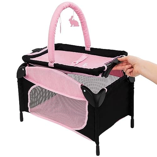 Image of Joie Junior Sleep & Dream Travel Nursery Cot Toy In Pink & Black | Detachable Changing Unit and Play Bar | Lightweight Travel Dolls Crib For Children Aged 3+.
