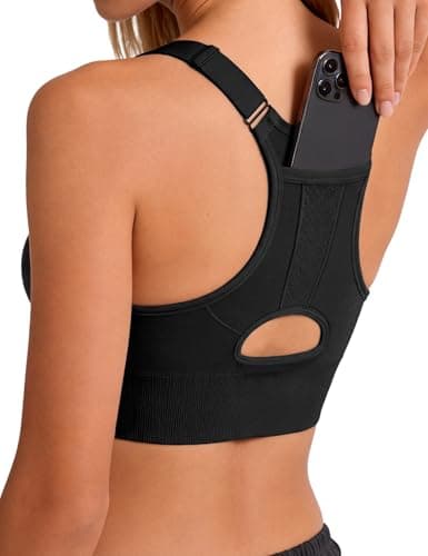Image of Litherday Women's Sports Bra High Impact Sports Bras Wireless Racer Back Support Bra with Pocket Removable Padded Adjustable Sports Tops Yoga Gym Running Crop Top Black L